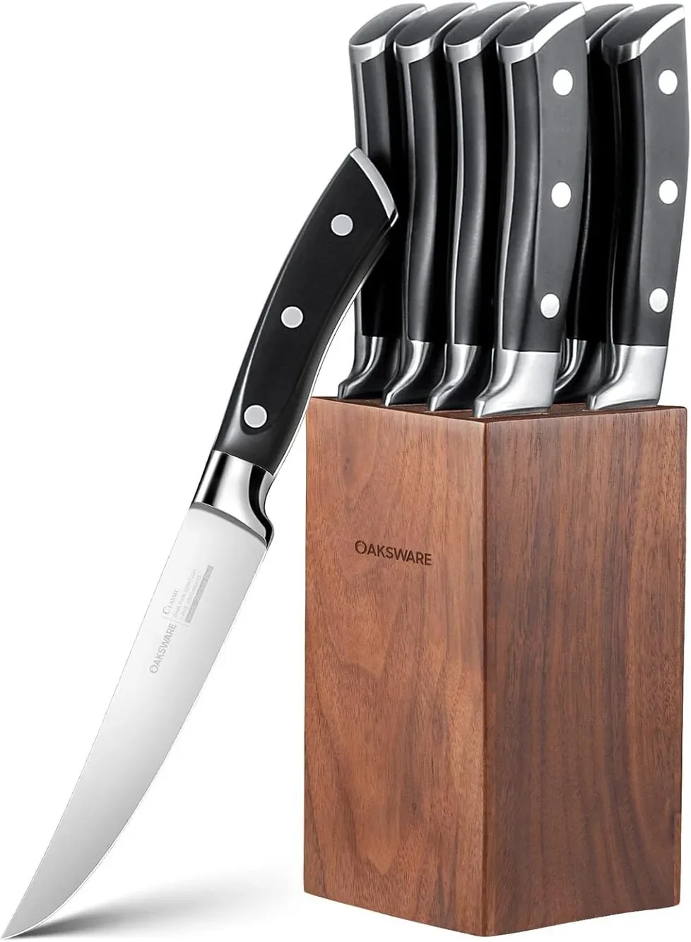 OAKSWARE Steak Knives Set of 8, 5 Inch Non Serrated Knife with Walnut Block